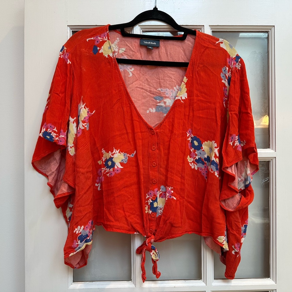 ModCloth Cropped Breezy Tendency Top Red Orange Floral Front Tie Plus Size 4X - Picture 15 of 15